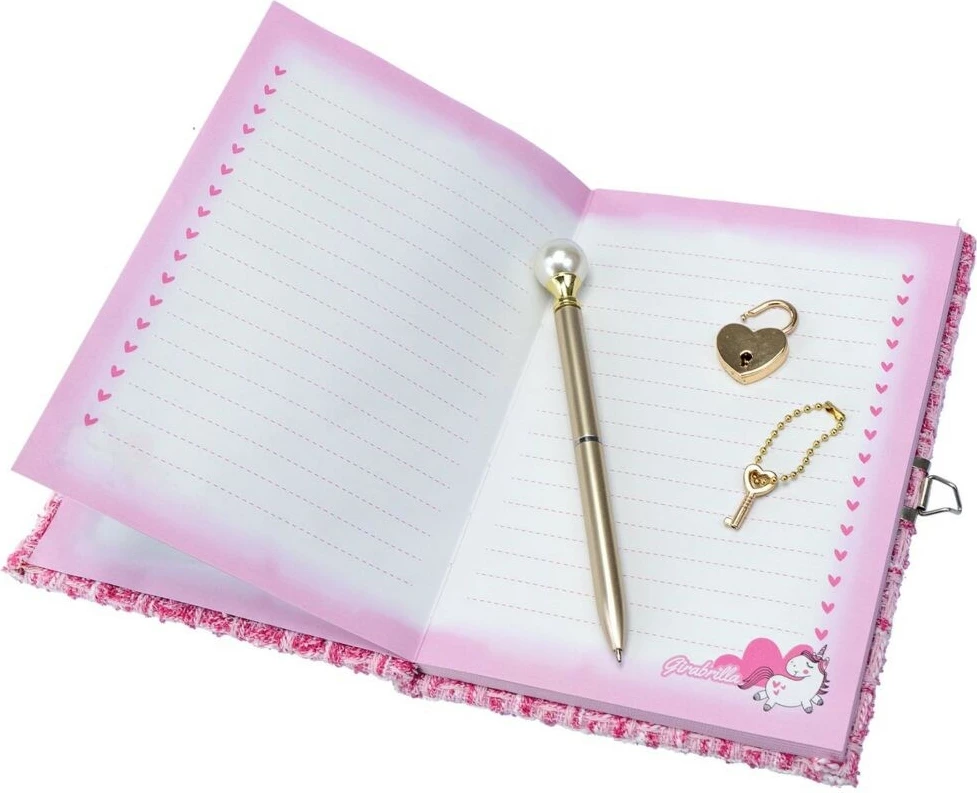 Dnevnik z velikim srcem iz bleščic, z ključavnico in pisalom, rožnat Nice Girabrilla