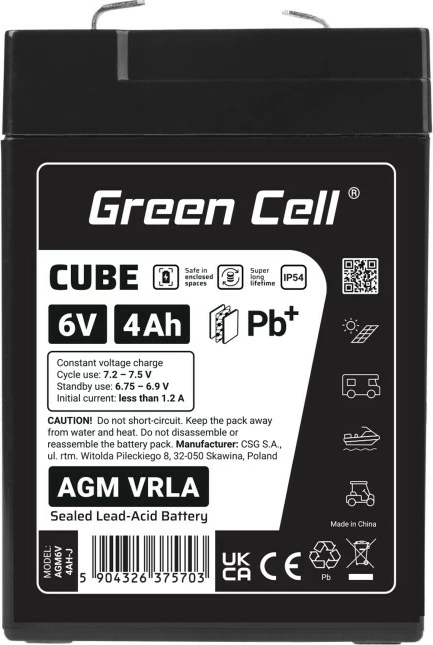Baterija AGM VRLA, 6V 4Ah, IP54, 101 x 70 x 47 mm, črna, Green Cell AGM6V4AH-J