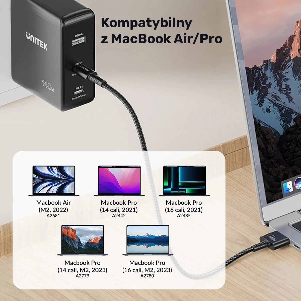 Kabel USB-C za MagSafe 3, 2 m, črn — Unitek