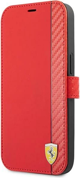 Zaščitni ovitek Ferrari On Track Carbon Stripe za iPhone 13 mini, rdeč, z zapenjanjem