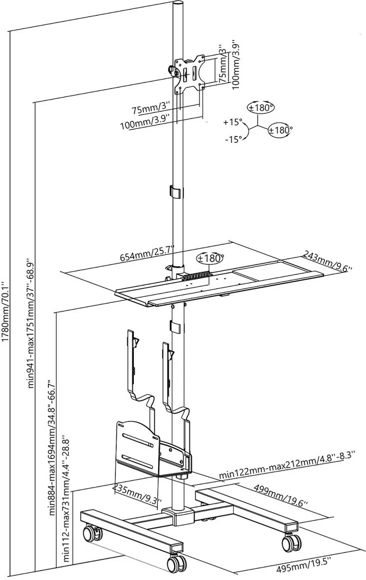 Voziček za monitor in računalniško ohišje Maclean MC-793, 17–32", bel