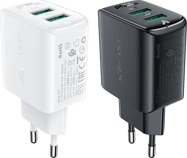 Stenski polnilec, 2x USB, 18W, bel, Acefast A33