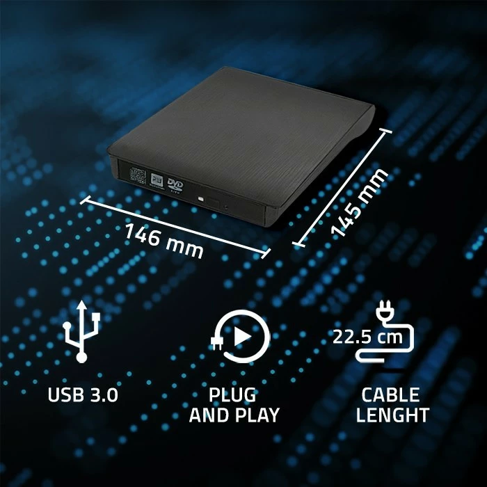 Zunanji DVD-RW, Qoltec 51857, USB 3.0, črn