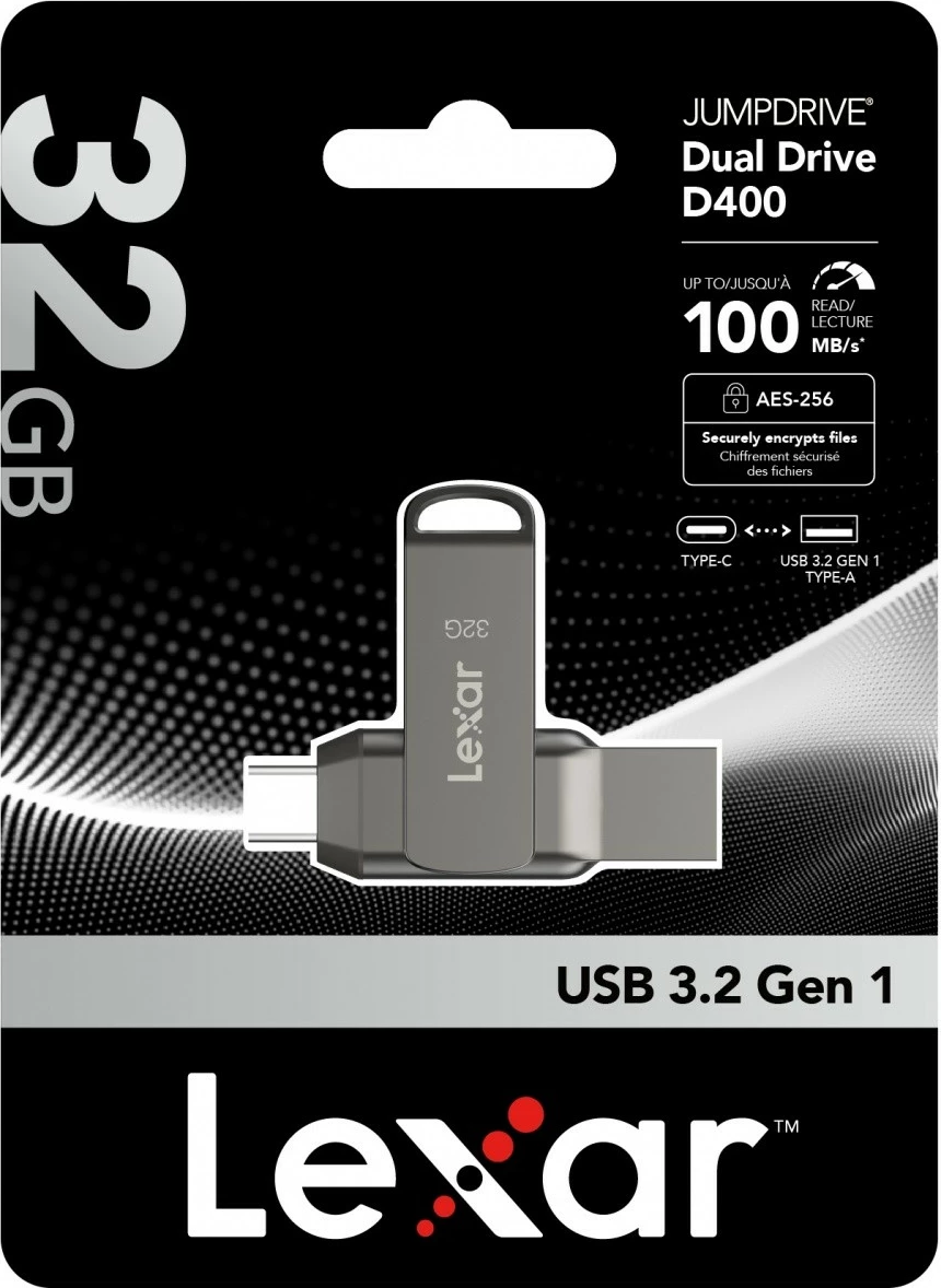 USB ključ z dvema vtičnicama 32GB, USB-C/A 3.1, siv — Lexar Dual Drive D400