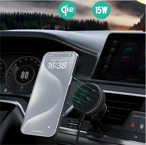 Magnetni nosilec za avto AUKEY HD-MC13A MagFusion Dash Pro, brezžično polnjenje Qi2 15W, aktivno hlajenje, črn