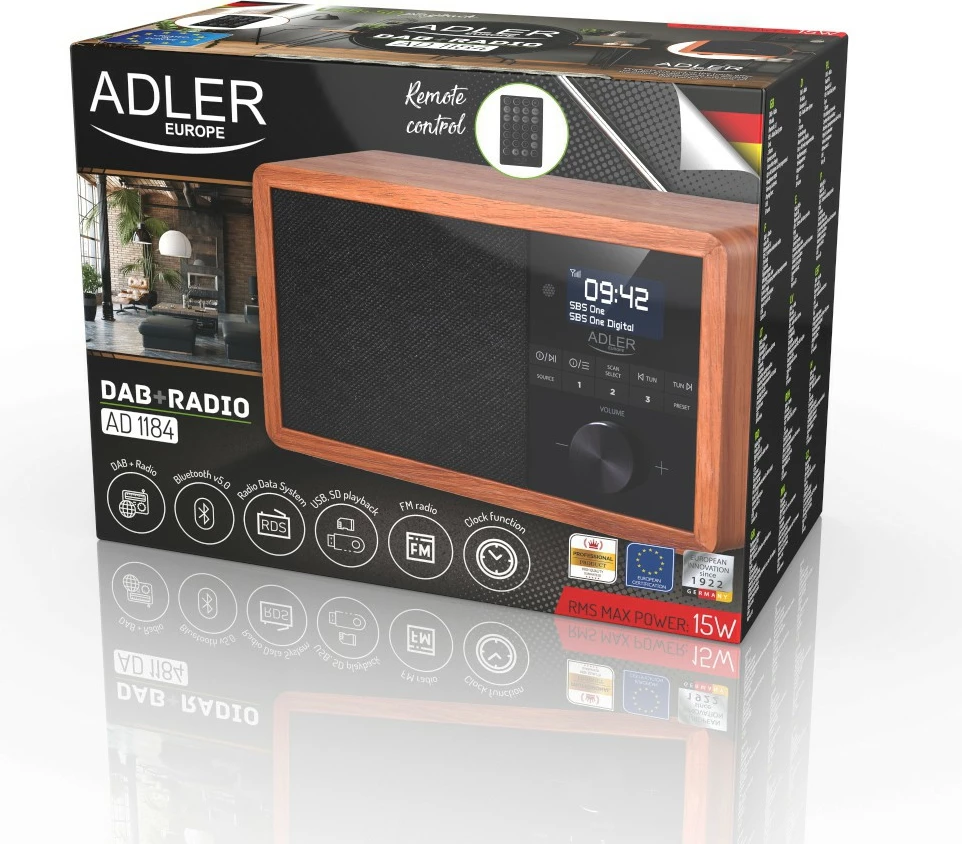 DAB+ radio z Bluetooth, USB, lesena barva Adler AD1184
