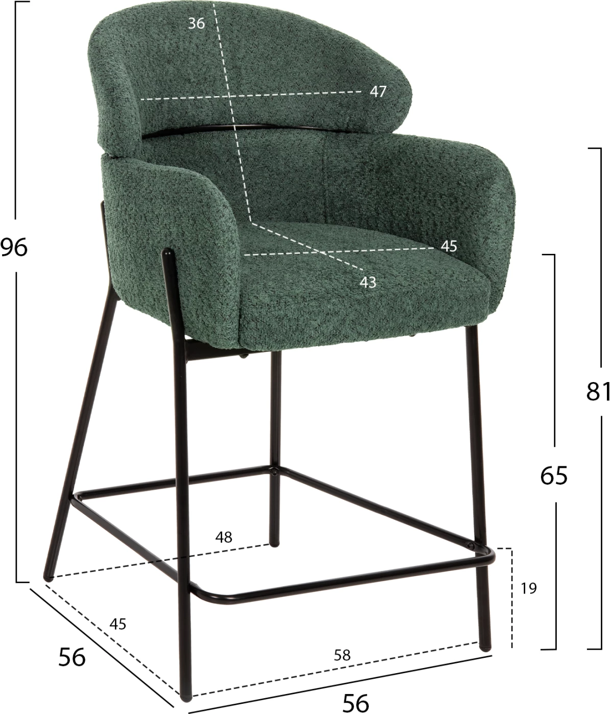 Barski stol srednje višine WOLF FH8584.03 v petrol zelenem bouclé blagu-črne kovinske noge 56x56x96Hcm, set 2 kosov