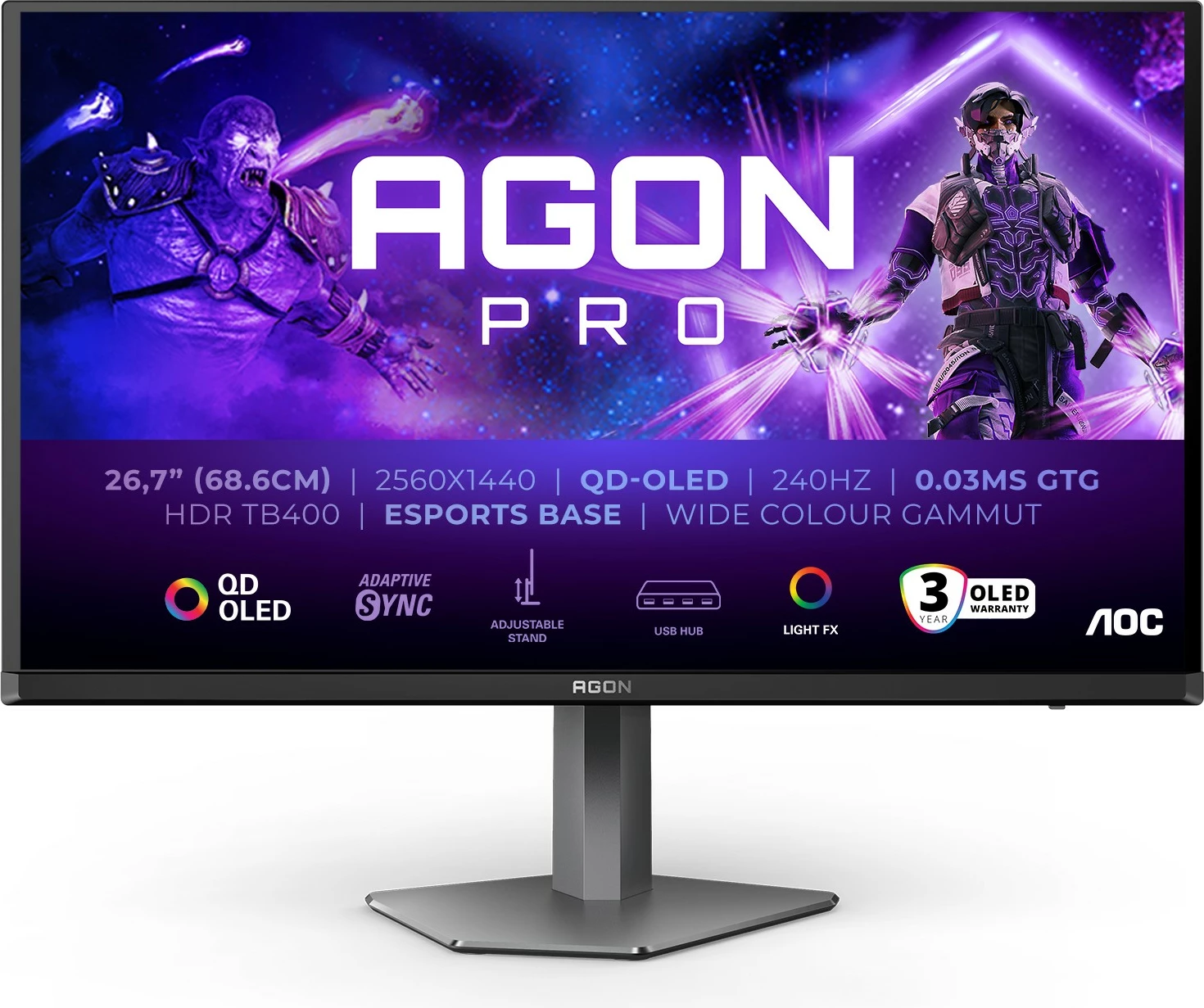 27" QHD QD-OLED igralni monitor AOC AG276QZD2, 2560x1440, 240Hz