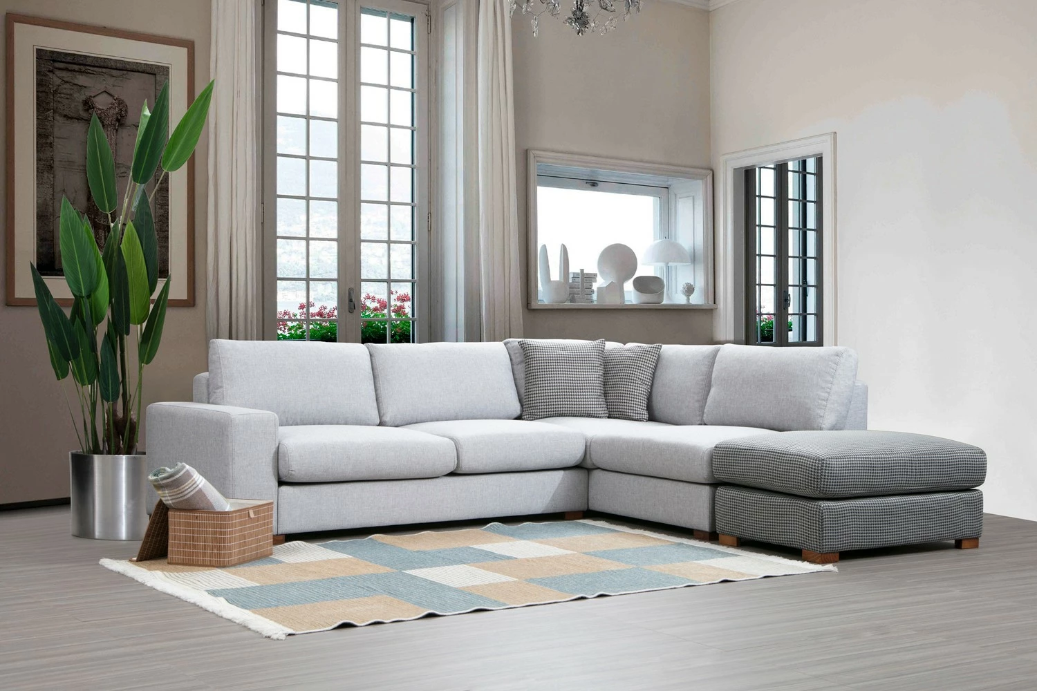 Kotna sedežna garnitura, Atelier del Sofa Loop 2, svetlo siva, z otomanom