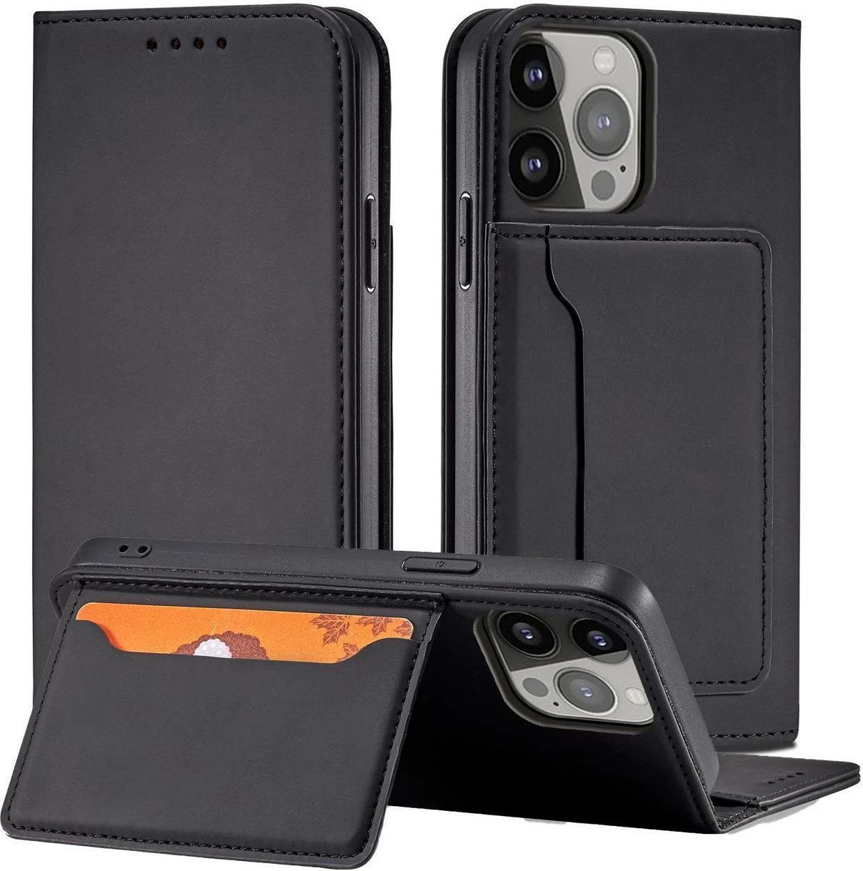 Magnetni ovitek s pokrovom, denarnico in držalom, črn — Hurtel za Samsung Galaxy S23 Ultra