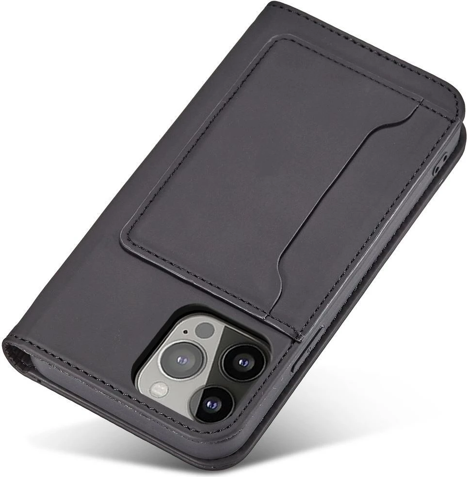 Ovitek za telefon z magnetno denarnico in nosilcem Hurtel Magnet Card Case za iPhone 13 Pro, črn