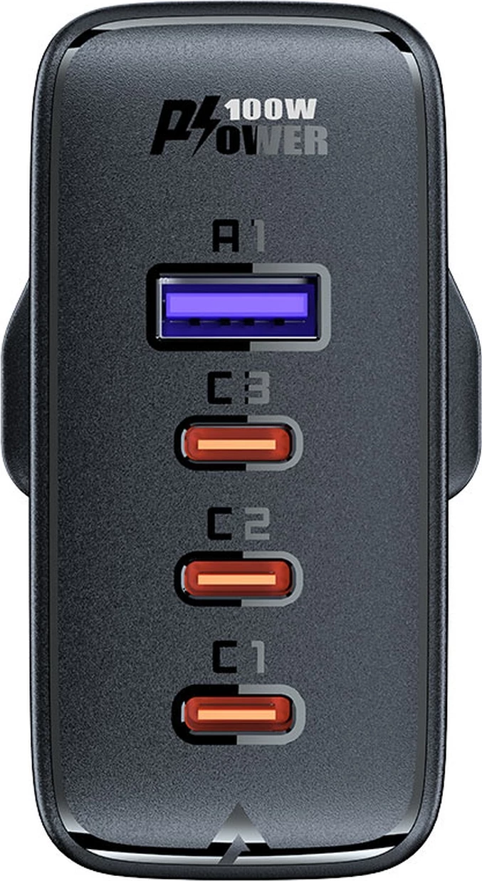 Hitri zidni polnilec Acefast A40, 100 W, 3x USB-C, 1x USB-A, GaN, z USB-C kablom, UK vtič, črn