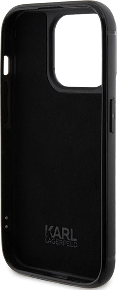 Zaščitni ovitek z bleščicami in kovinsko ploščico z logotipom Karl Lagerfeld za iPhone 15 Pro Max, črn