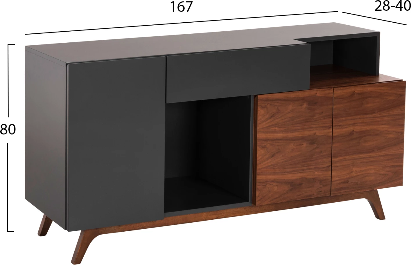 Buffet Preda FH9747 iz MDF z barvo oreha in temno sivega furnirja 167x28-40x80H cm