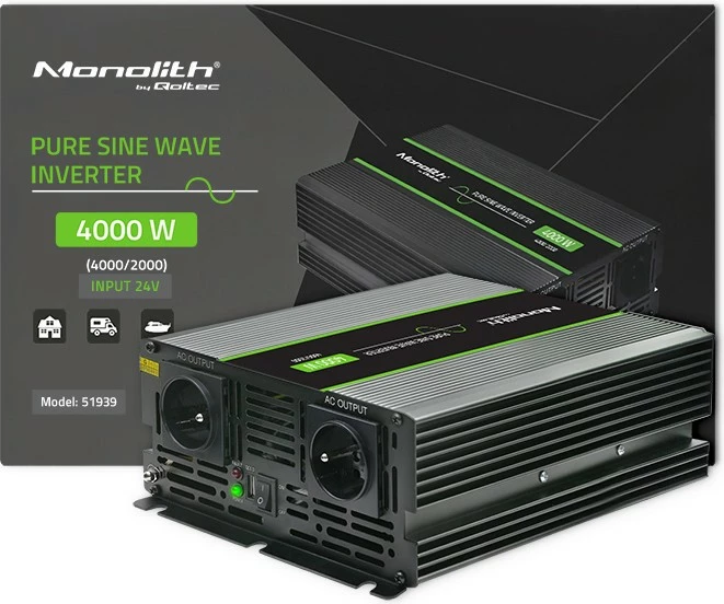 Pretvornik napetosti 2000W/4000W, 24V v 230V, grafit Qoltec Monolith 51939