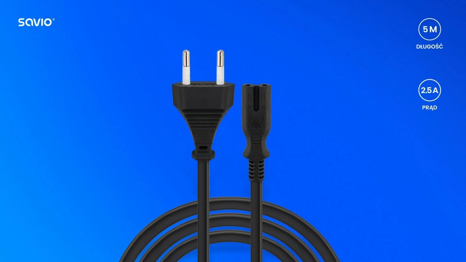 Napajalni kabel Savio CL-185, 2-polni, 5 m, črn