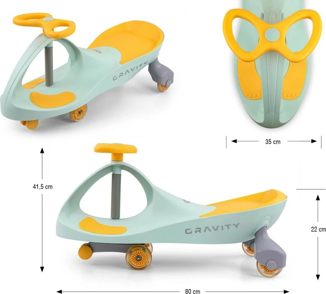 Poganjalec brez pedal z gravitacijskim mehanizmom, Milly Mally Gravity 5926, 4 LED kolesa, 3+, limeta rumena