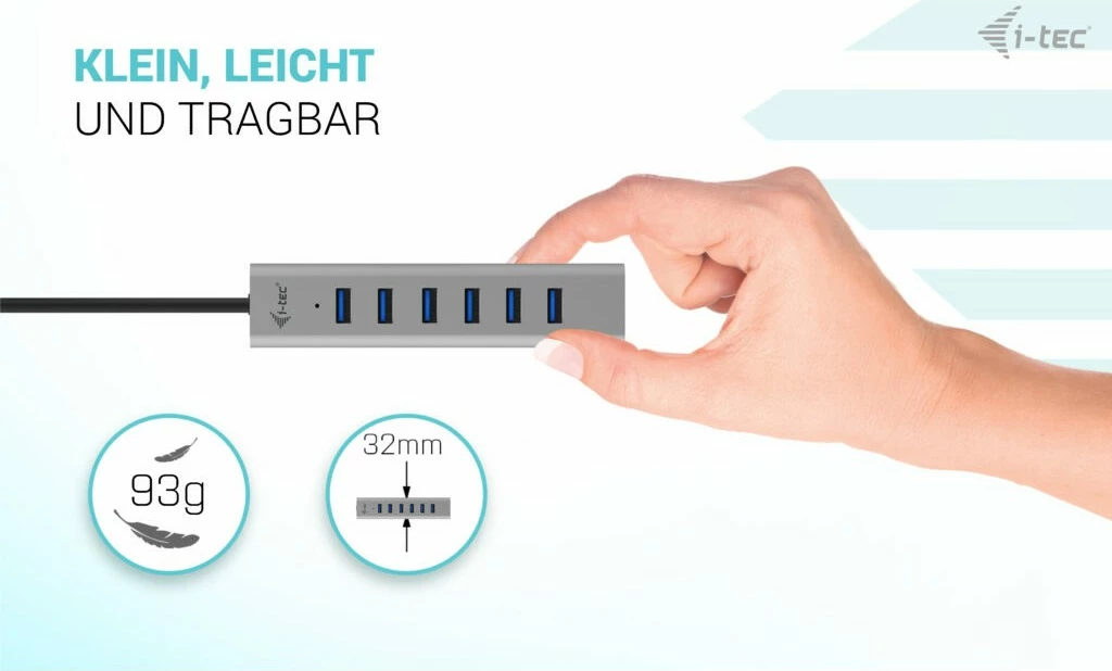 USB razdelilec I-Tec, 7 vrat USB 3.2 Gen 1, 5000 Mbit/s, kovinski, 0,3 m, siv