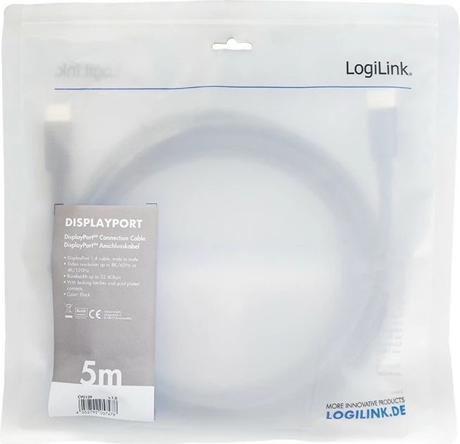 Kabel DisplayPort, LogiLink CV0139, 5 m, 8K 60Hz, 4K 120Hz, črn