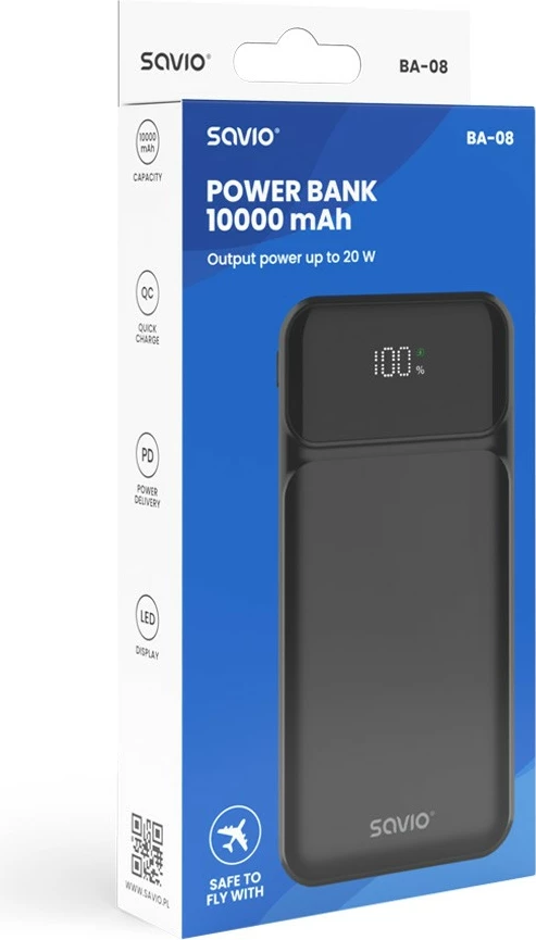 Powerbank Savio BA-08, 10000 mAh, črn