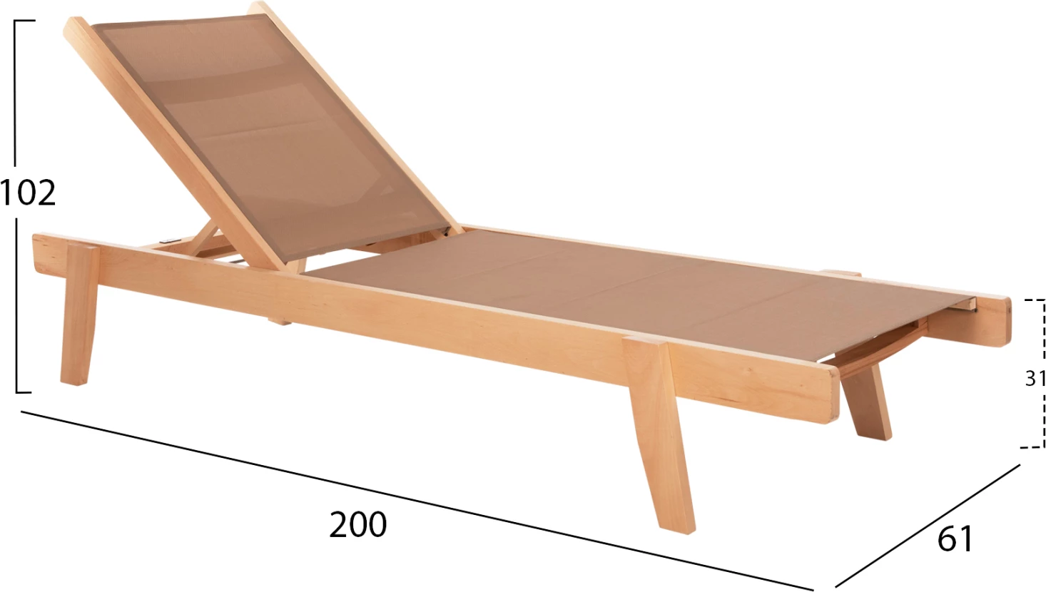 Profesionalni ležalnik iz bukovega lesa CRETA v naravni barvi in mocha textilene 200x61-66x31-91Hcm.FH10356.05