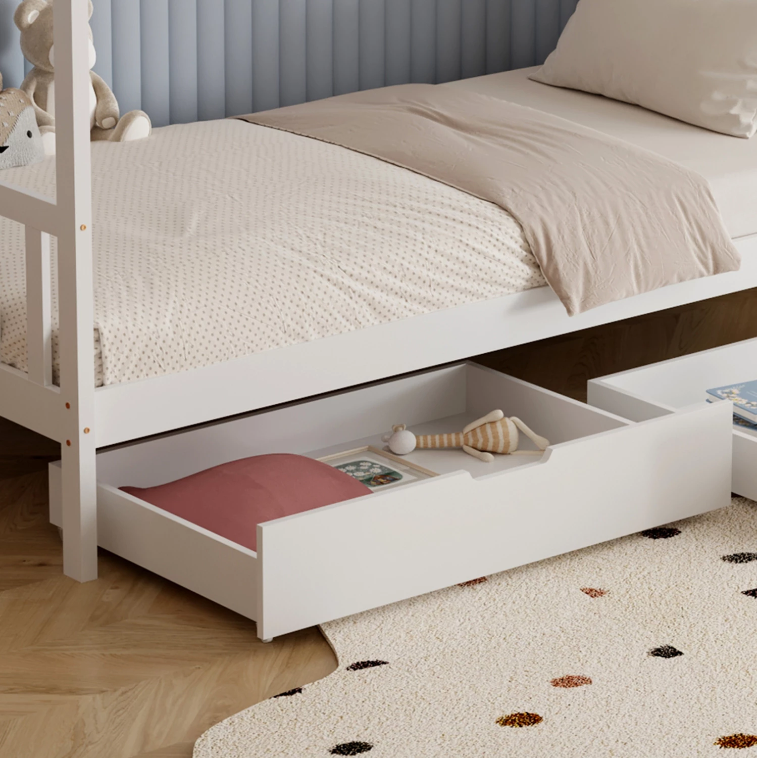 Postelja za otroke Klarice FH680.03 t.Montessori - 2 predala - masivni borov les v beli barvi - 190x90 cm