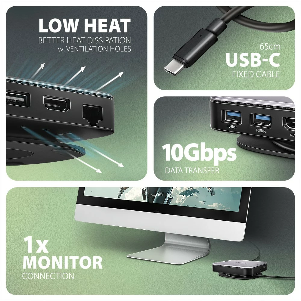 Multiportni USB-C hub, AXAGON HMC-UFO, 9-v-1, 10Gbps, 2x USB-A, HDMI 4K/60Hz, M.2 NVMe/SATA, avdio, PD 100W, SD/microSD, Gigabit Ethernet (RJ-45), 65 cm USB-C kabel, črn/srebrn