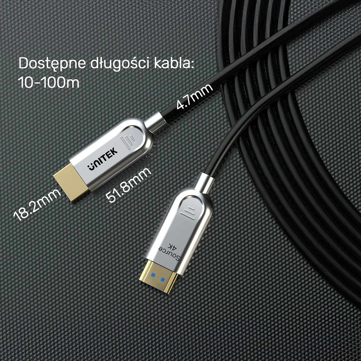 Optični HDMI kabel Unitek 2.0 AOC 4K 60Hz 60 m, srebrno-črn