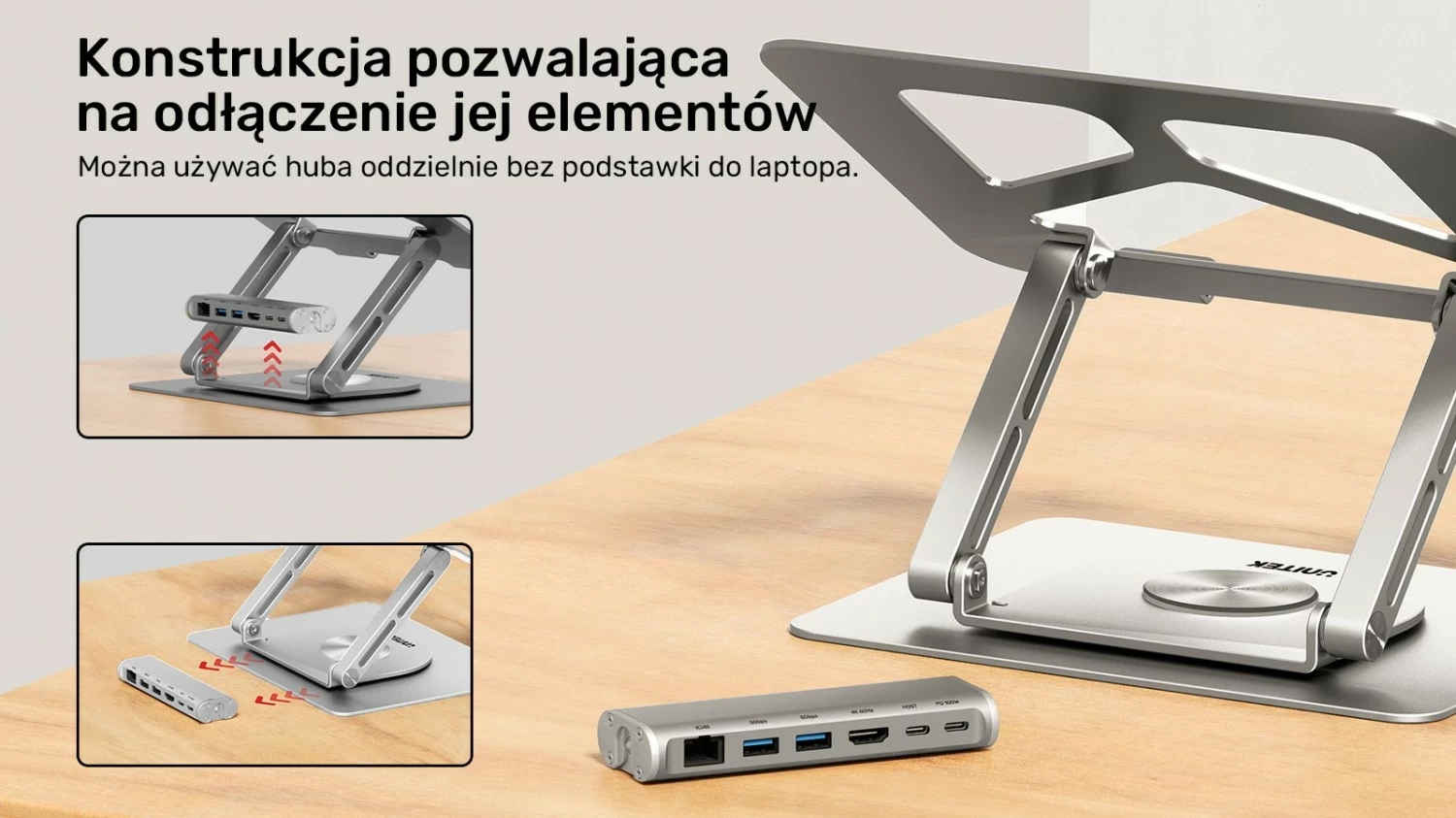 Stojalo za prenosnik Unitek USB-C HDMI 4K PD 100W, srebrno
