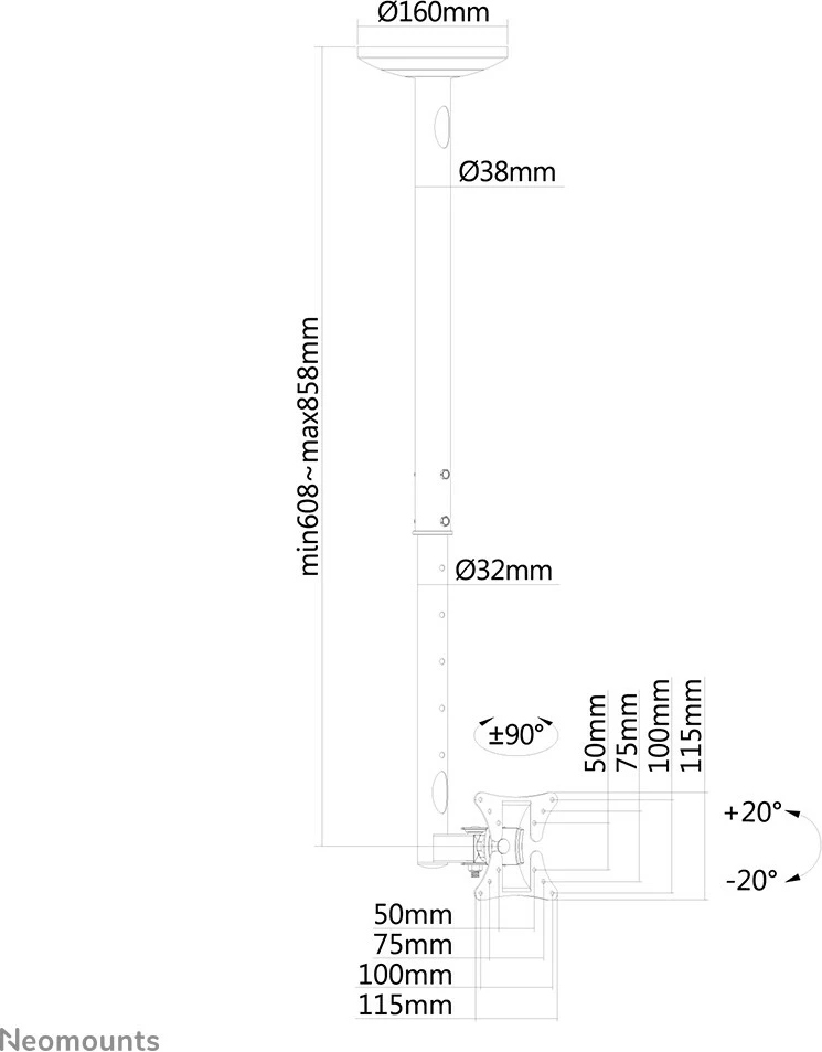 Stropni nosilec za zaslon 10–30", Neomounts Newstar FPMA-C050BLACK, črn