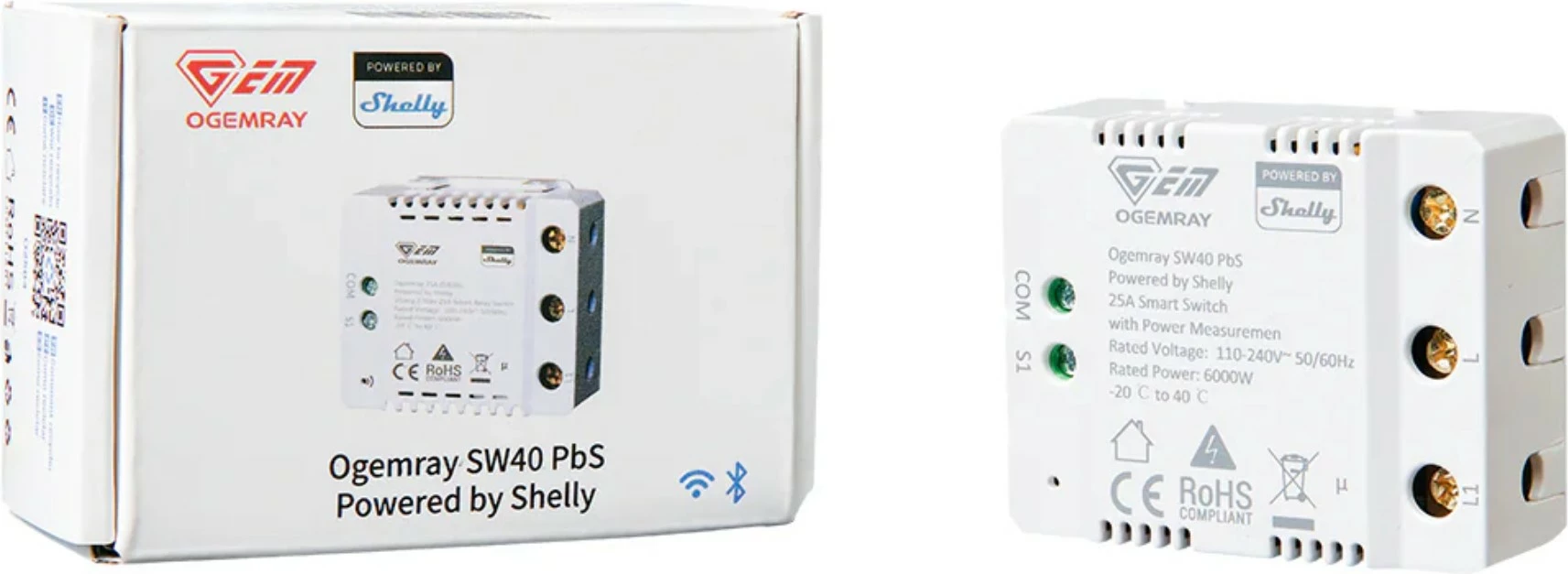 Pametno rele Shelly PbS Ogemray 25A, Wi‑Fi, Bluetooth, belo