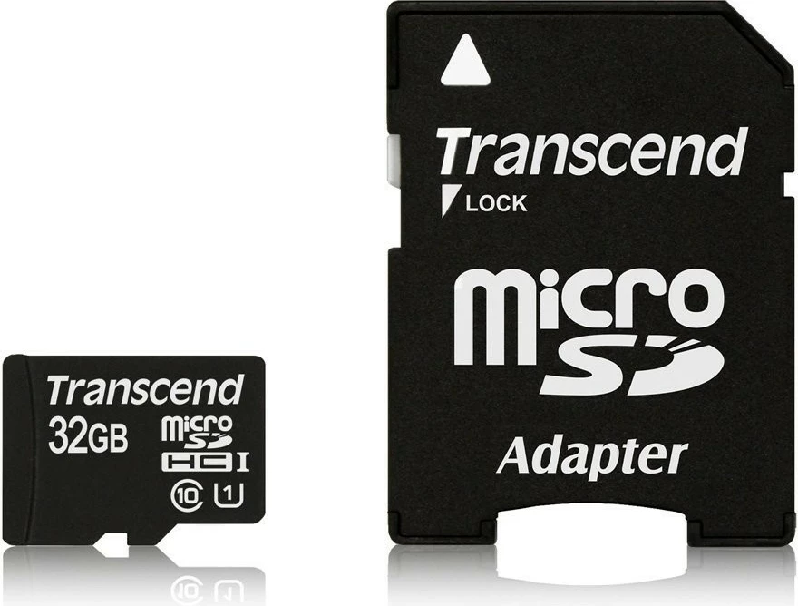 Kartica microSDHC 32GB, Class 10, UHS‑I, z adapterjem, črno/rdeča (Transcend)