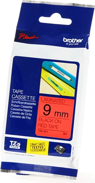Laminirana etiketna kaseta, Brother TZE-421, 9 mm, črno na rdečem