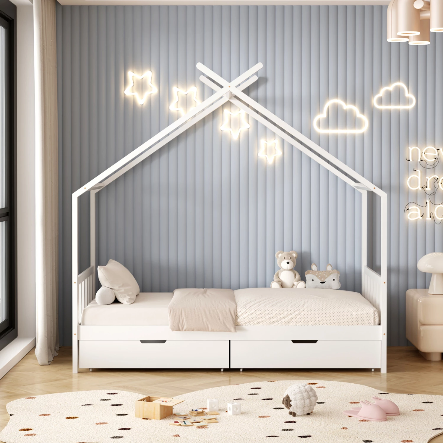 Postelja za otroke Klarice FH680.03 t.Montessori - 2 predala - masivni borov les v beli barvi - 190x90 cm