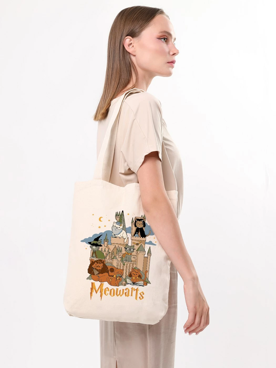 Tote torba Meowarts Pauldavis, krem, 35x40x8 cm