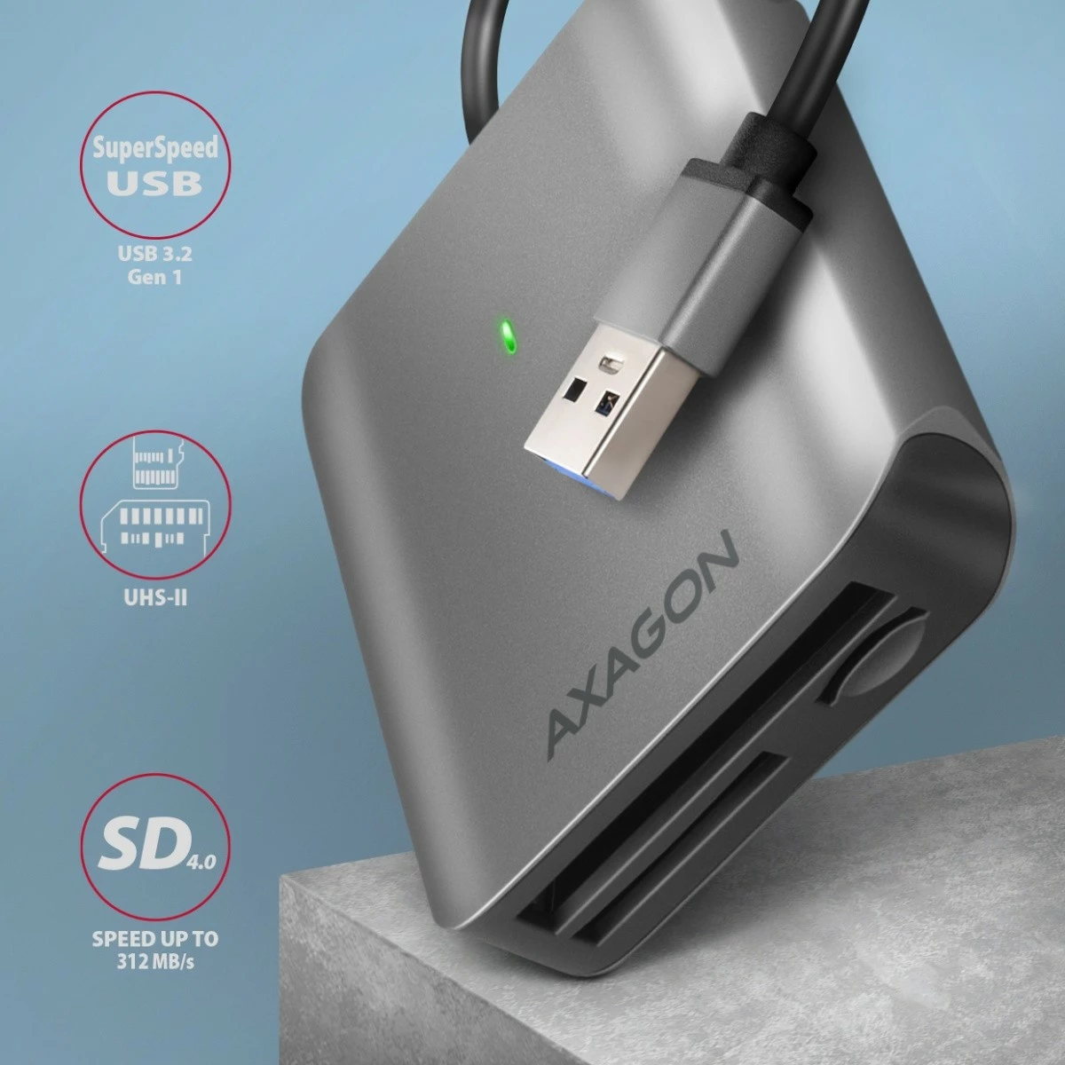 Kompakten bralnik kartic AXAGON CRE-S3, USB-A, 3 reže, USB 3.2 Gen 1, siv
