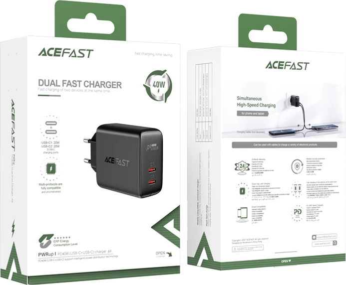 Stenski hitri polnilec, 2x USB-C, 40W, črn, Acefast A9