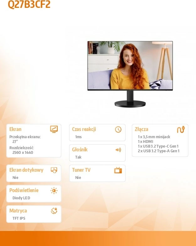 Monitor 27", IPS, 100 Hz, QHD, USB-C, črn, AOC Q27B3CF2