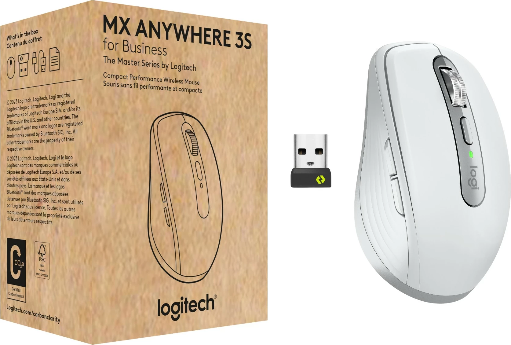 Kompakt in ergonomski miš Logitech MX Anywhere 3S, RF brezžični + Bluetooth, 8000 DPI, Pale Grey
