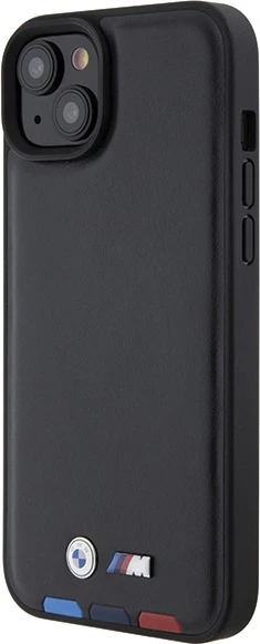 Ovitek za telefon iPhone 15 Plus 6,7", usnjen Leather Stamp Tricolor, BMW BMHCP15M22PTDK, črn