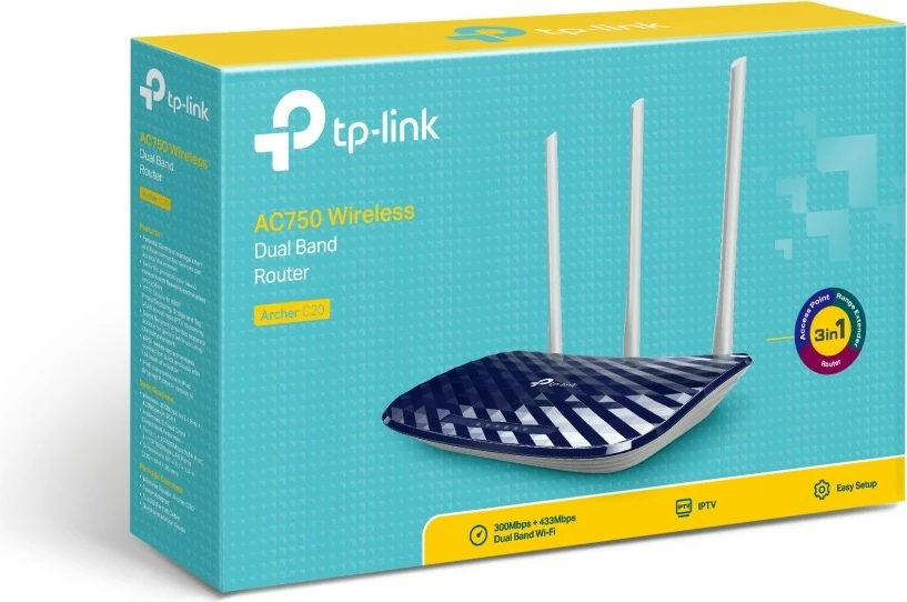 Dvojno-frekvenčni usmerjevalnik Archer C20 TP-Link, 2.4/5GHz, 802.11b/g/n/a/ac, 300/433 MBit, modre barve