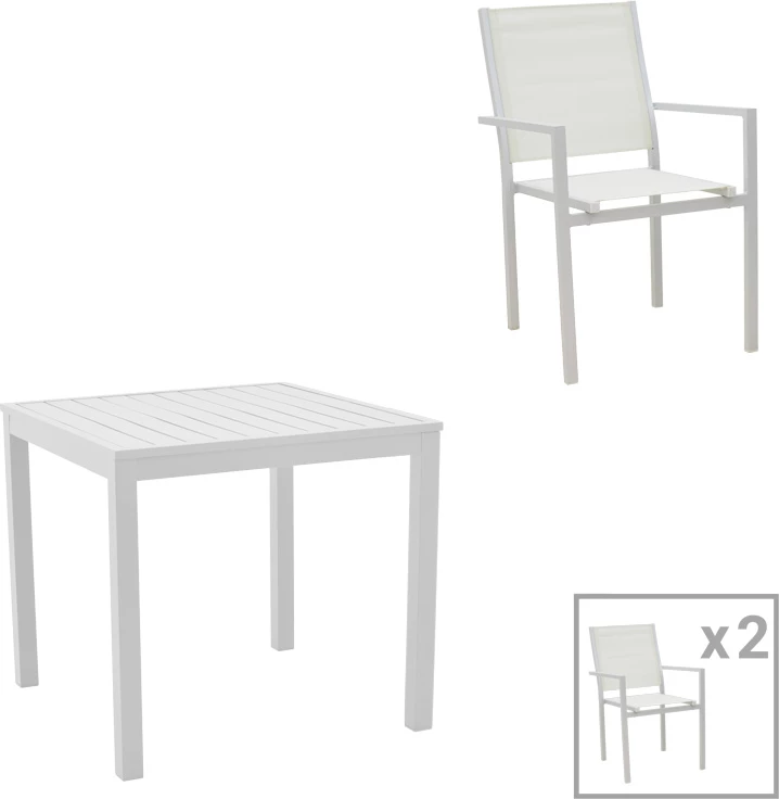Set za teraso z mizo in stoli, Zacreta-Kliton, alumin, bel, 80x80x74 cm, 3 kosi