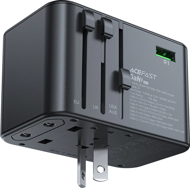 Potovalni polnilec Acefast Z1 GaN, 75 W, 3x USB-C, 2x USB-A, črn