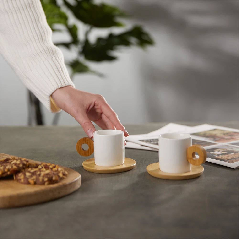 Set 2 skodelic, bel porcelan, naravni bambus, 20x14x7 cm Nordic