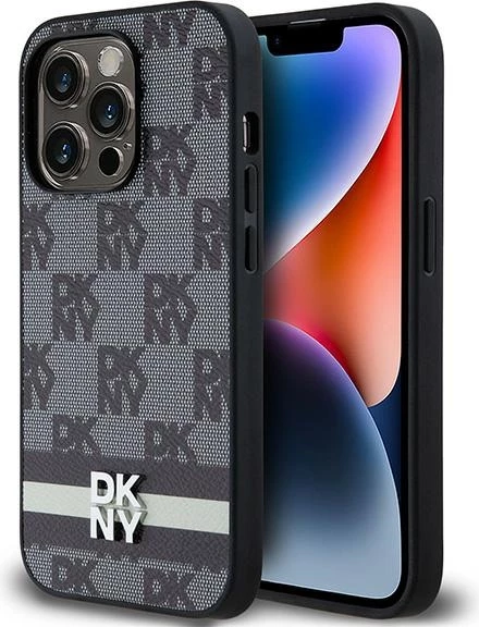 Ovitek za telefon z vzorcem šahovnice in potiskanim črtami, DKNY Leather, za iPhone 14 Pro, črn