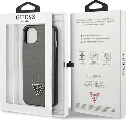 Ovitek za telefon za iPhone 14 6,1, Guess SaffianoTriangle Logo, srebrn