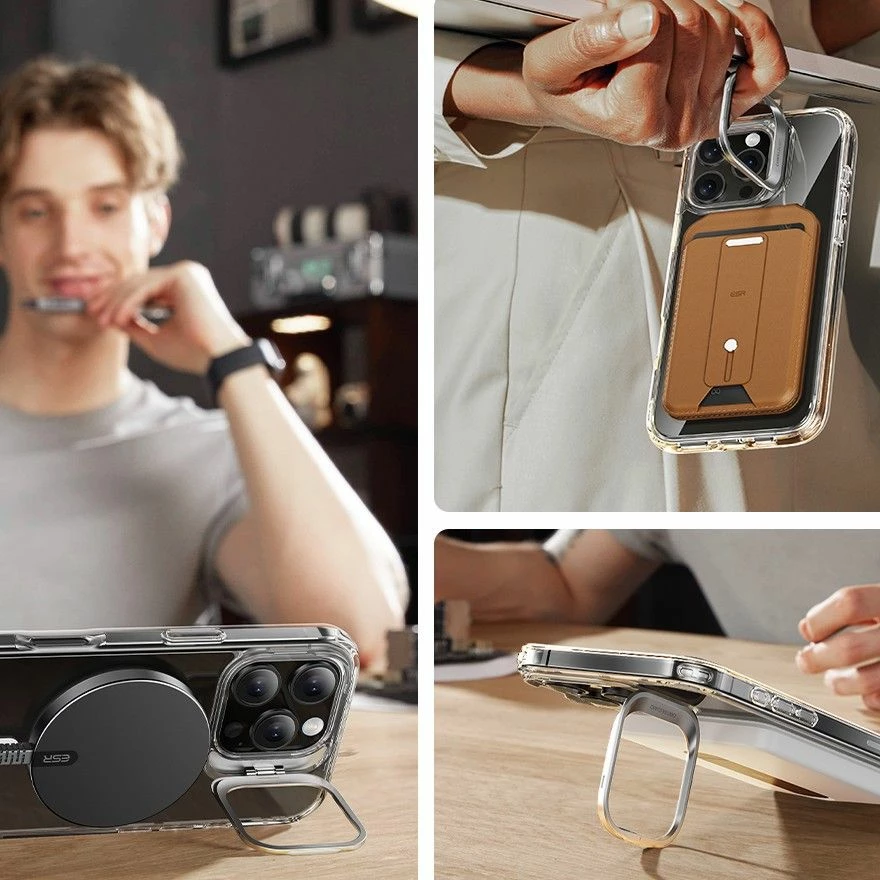 Prozoren ovitek ESR Classic Hybrid Kickstand HaloLock MagSafe s kaljenim steklom za iPhone 16 Pro, komplet