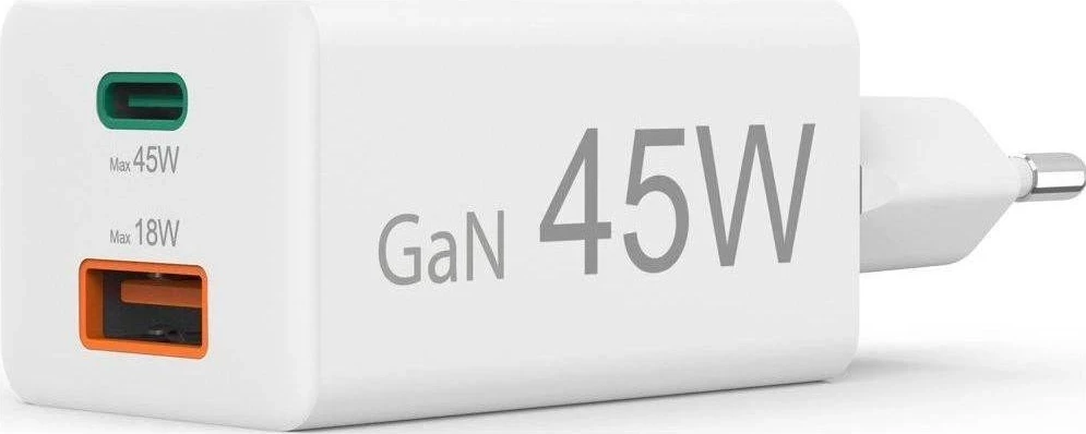 Mini GaN omrežni polnilec 45W, Hama, 1x USB-C, 1x USB-A, bel