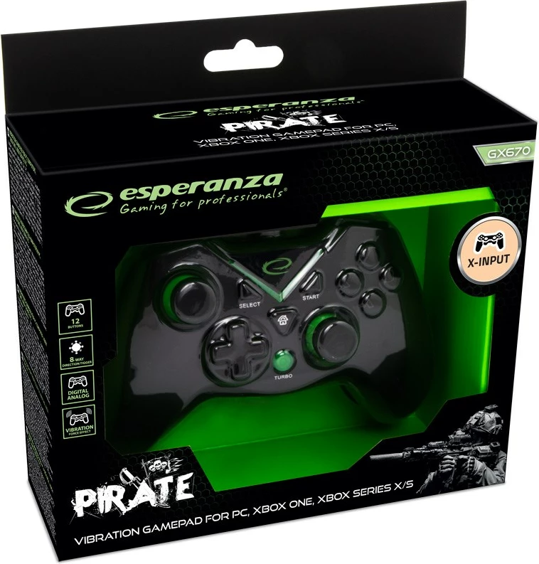 Žični kontroler, Esperanza EGG114K za PC/Xbox One, Xbox S, Xbox X, črn