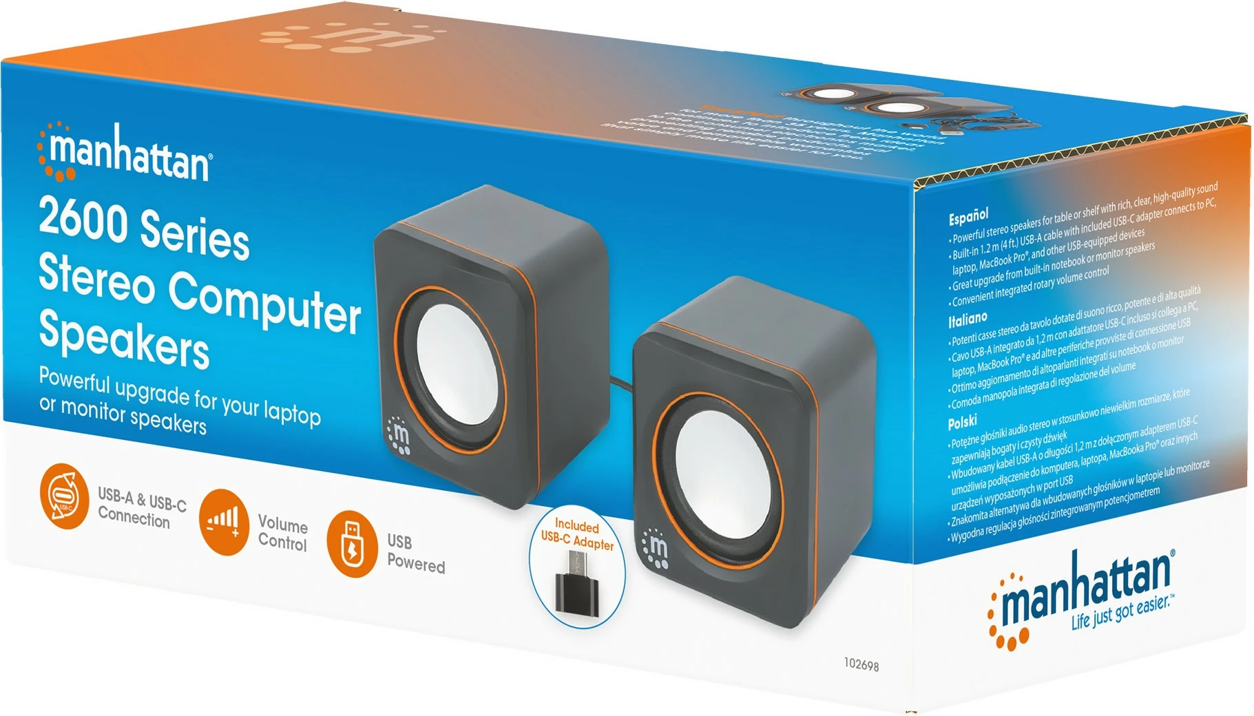 Stereo zvočniki, Manhattan 2600 Series, 2.0 kanal, 6 W, USB-A/USB-C, črno/oranžni